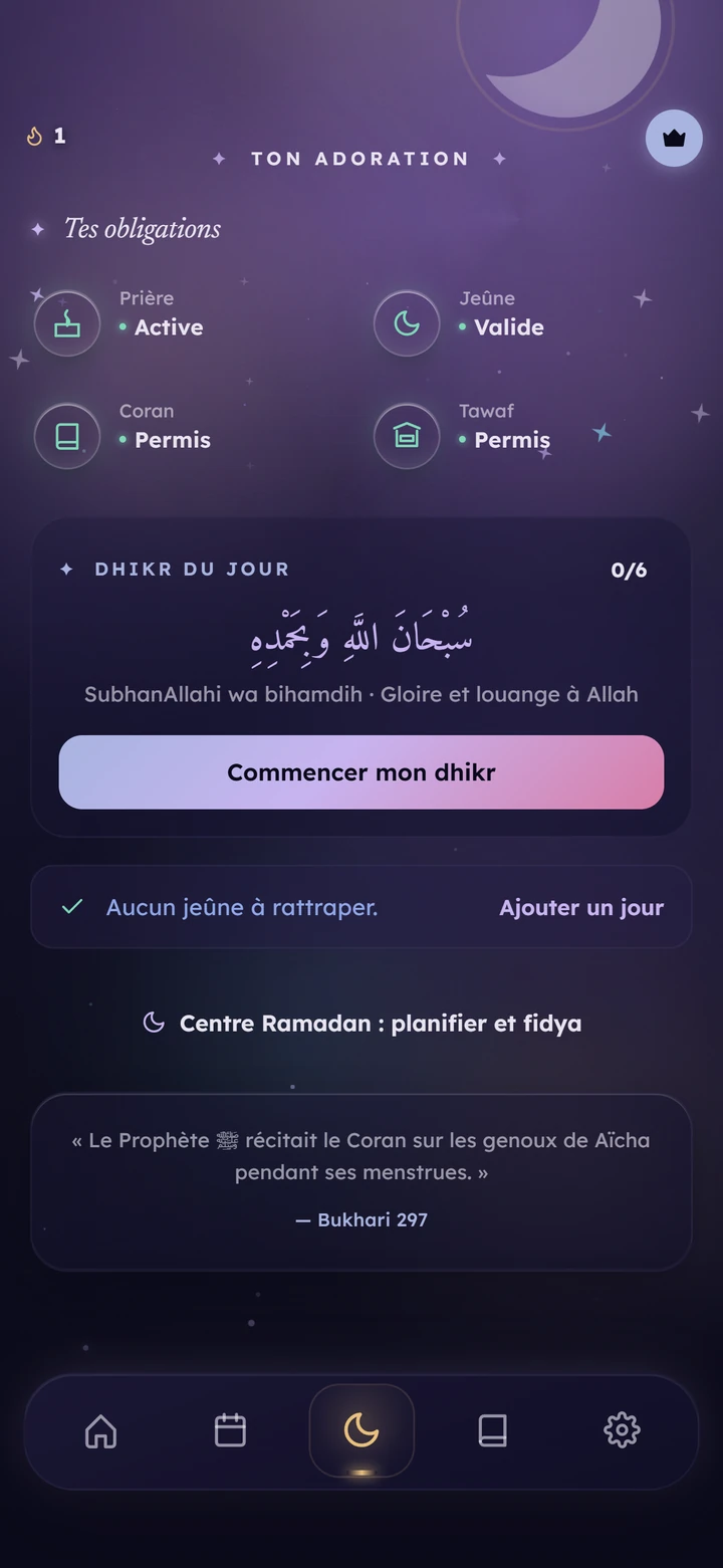 L'onglet Ton adoration : Prière active, Jeûne valide, Coran permis, Tawaf permis, et le compte des jeûnes à rattraper.