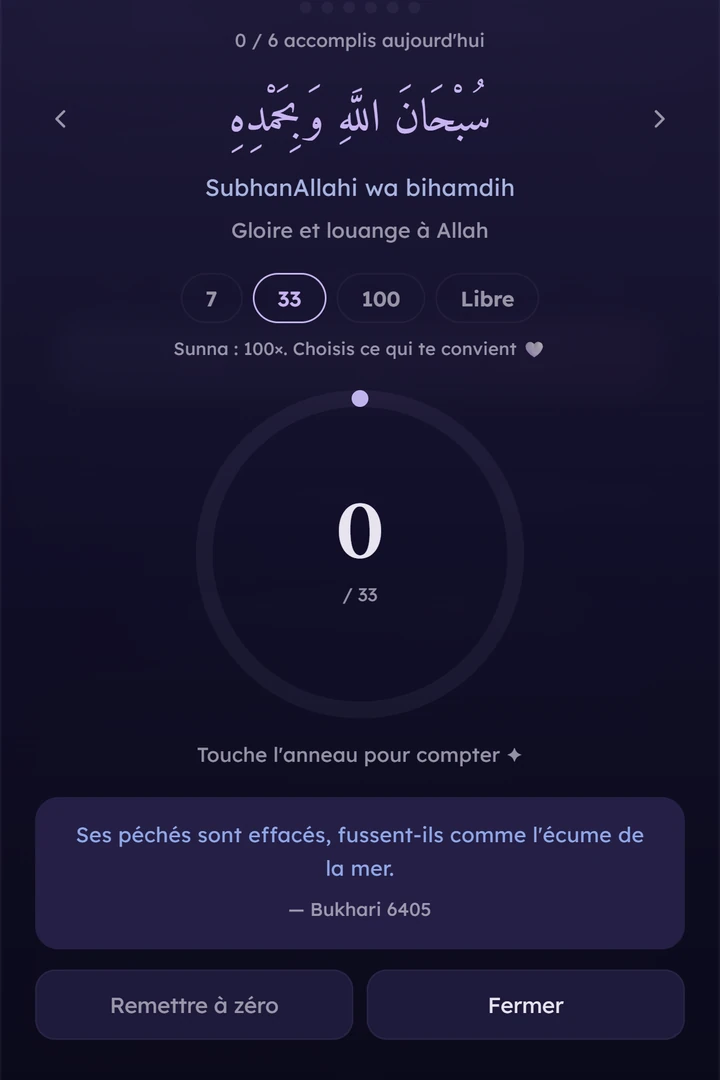 Le dhikr du jour, en arabe et en français, avec son compteur et sa source.