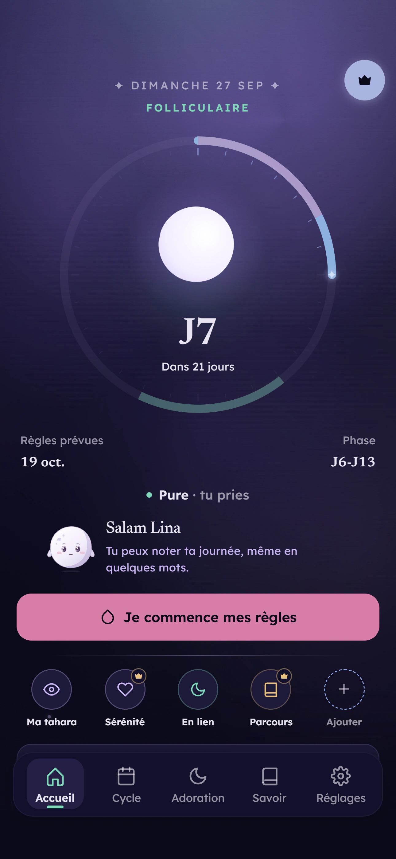 L'accueil de LunaCycle : le jour du cycle, les prochaines règles prévues et le statut « Pure, tu pries ».