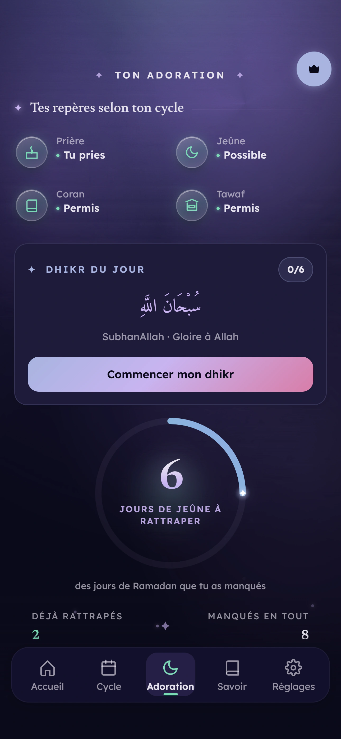 L'écran Ton adoration avec les statuts et le compteur des jeûnes à rattraper.