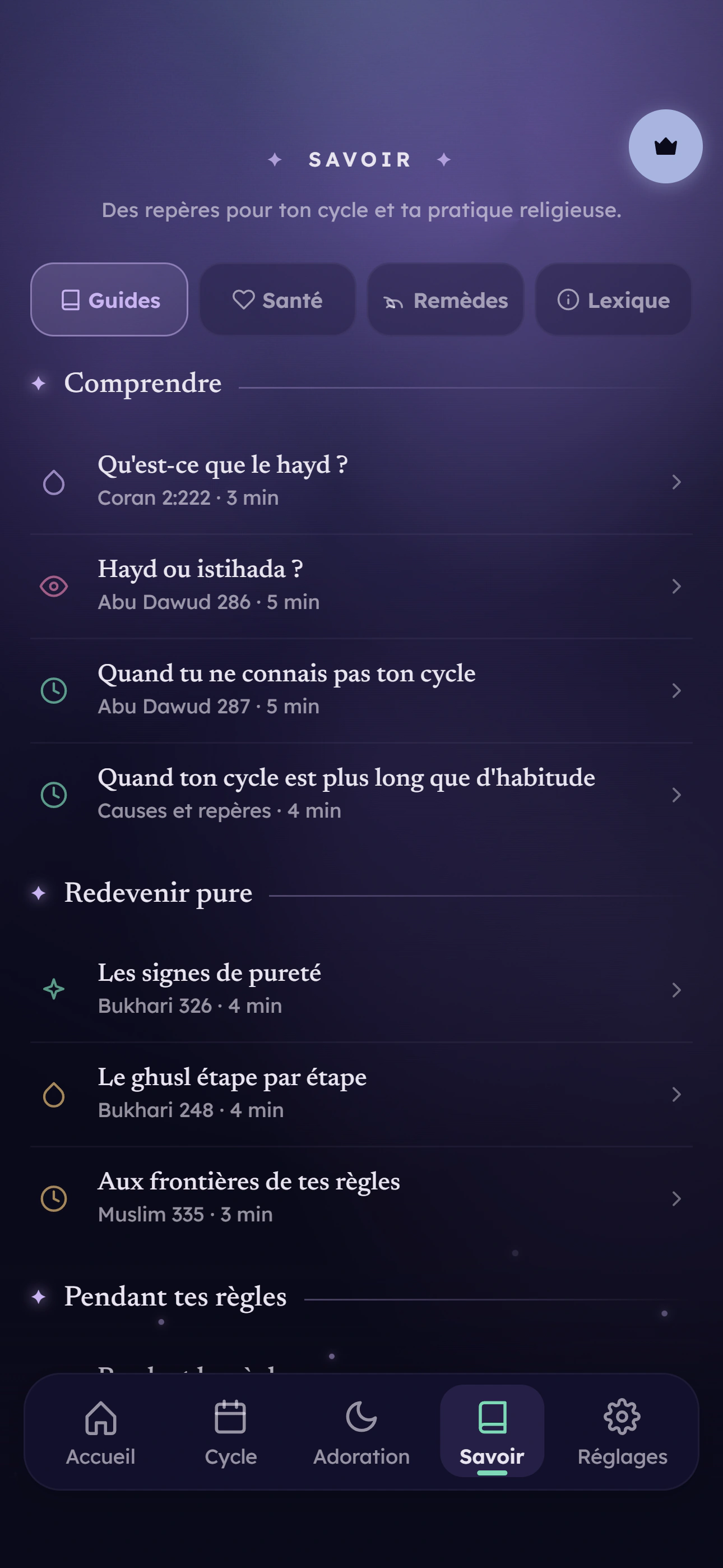 Les guides de LunaCycle : hayd, istihada, signes de pureté et ghusl, chacun avec sa référence.